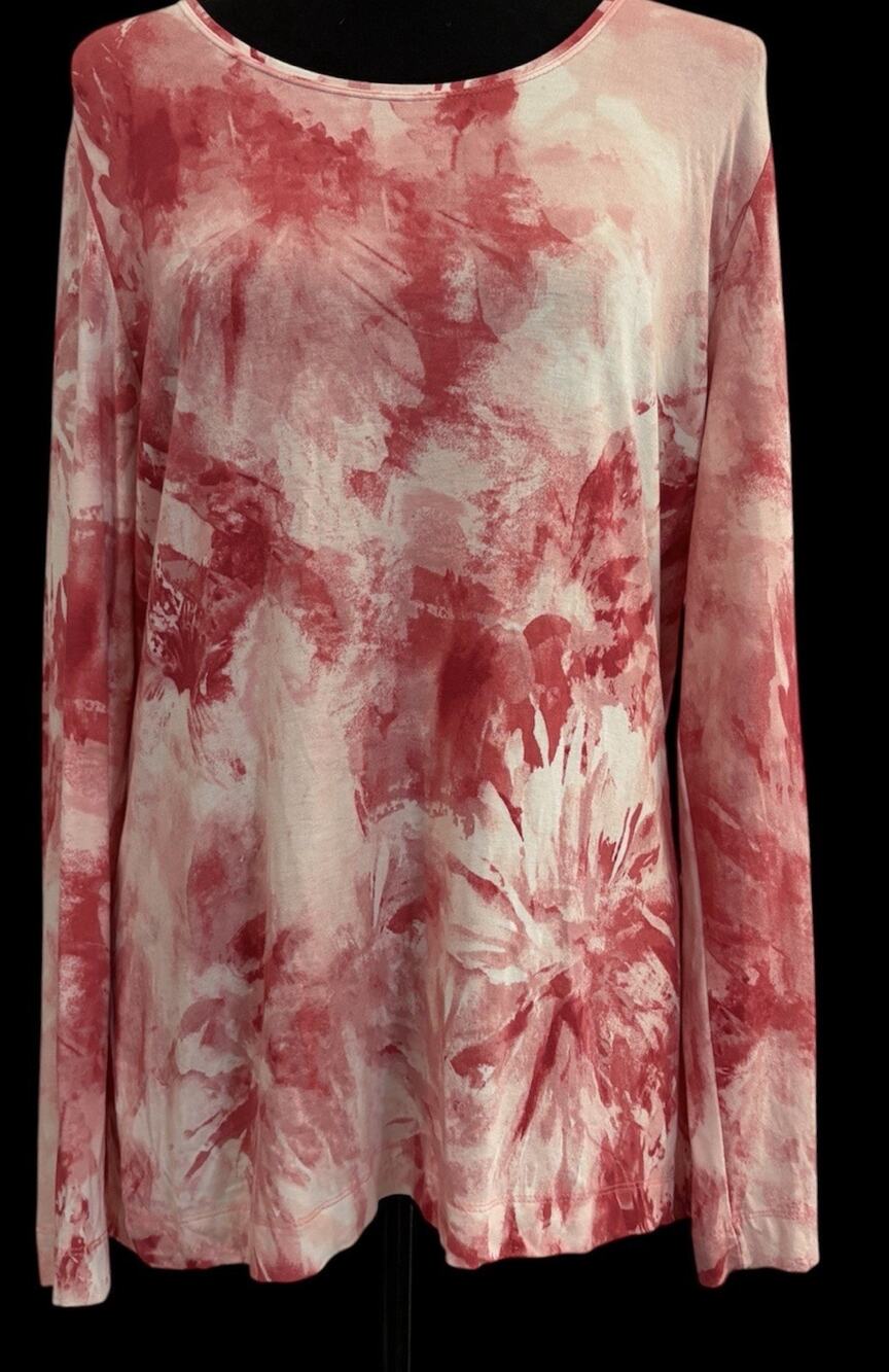 Chico’s Jersey Knit Pink and White Floral Tie Dye Long Sleeve Top Size 2 (Large
